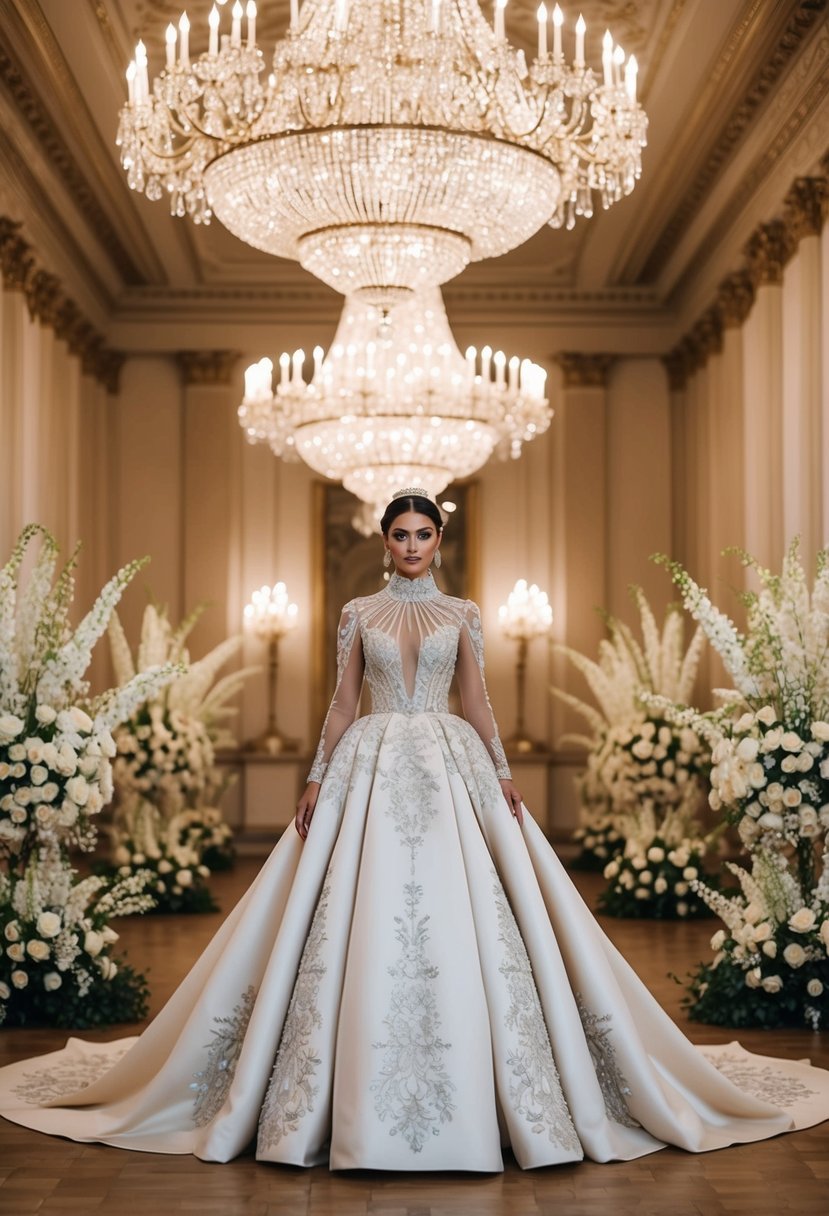 A grand ballroom with opulent chandeliers and intricate floral arrangements, showcasing a regal high-neck gown design fit for a royal wedding