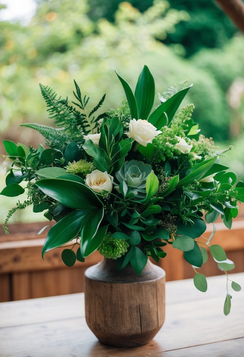 A lush emerald green wedding bouquet made of eco-friendly foliage and flowers, nestled in a rustic wooden vase