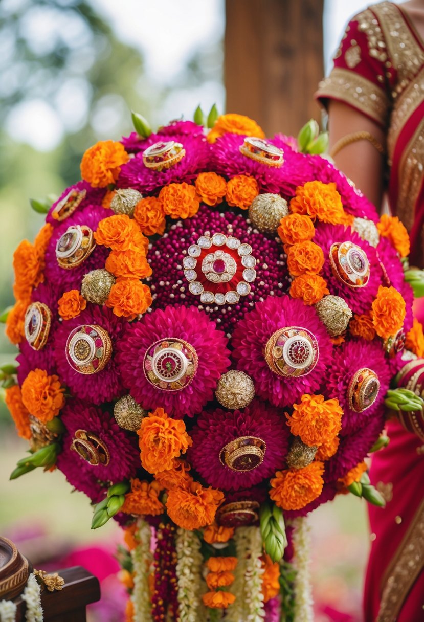 A vibrant, intricate floral gajra bouquet with traditional Indian wedding elements