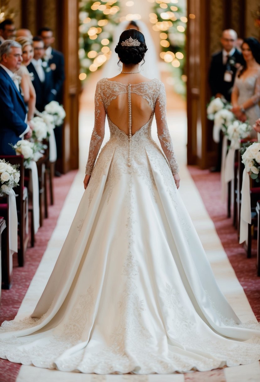 A regal gown with an open back, adorned with intricate lace and delicate beading, flowing gracefully as the princess walks down the aisle