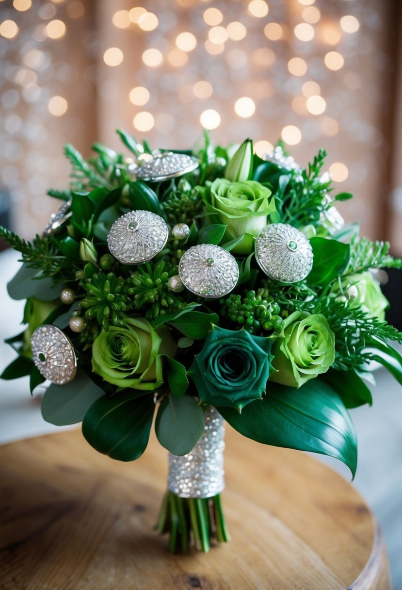 A lush emerald green wedding bouquet with silver accents