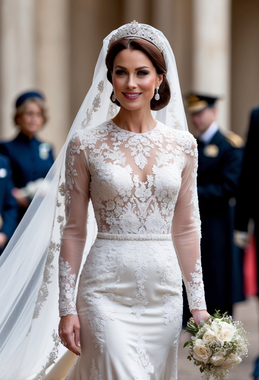 Lady Gabriella Windsor's lace ensemble: a regal gown with intricate lace detailing, a flowing train, and delicate embellishments fit for a royal wedding