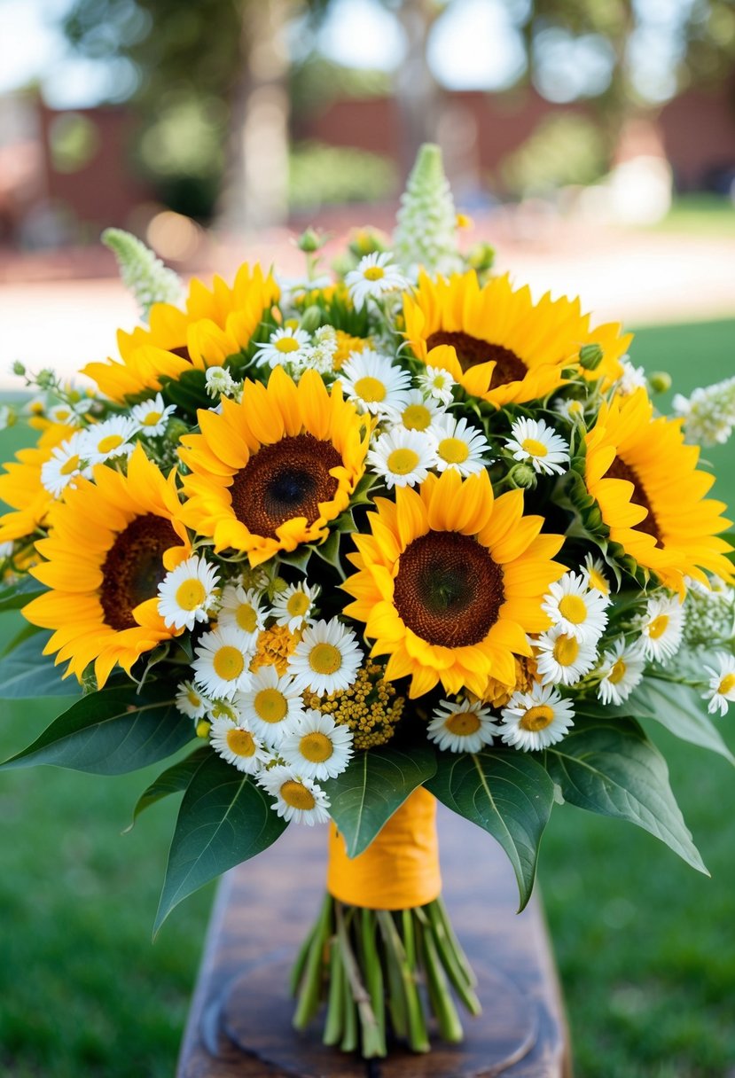 A vibrant bouquet of sunflowers and daisies arranged in an Indian wedding style