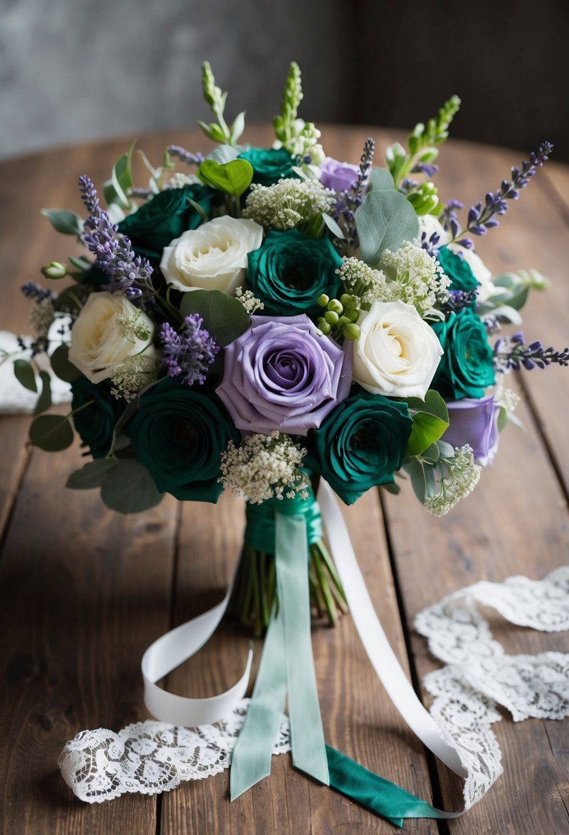 A vintage emerald and lavender mix wedding bouquet sits on a rustic wooden table, adorned with delicate lace and ribbons