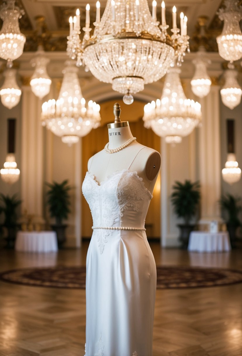 A grand ballroom with ornate chandeliers and opulent decor. A white silk dress adorned with lace and pearls displayed on a mannequin