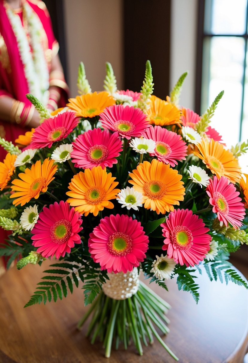 A vibrant assortment of bold Gerbera daisies arranged in a stunning Indian wedding bouquet