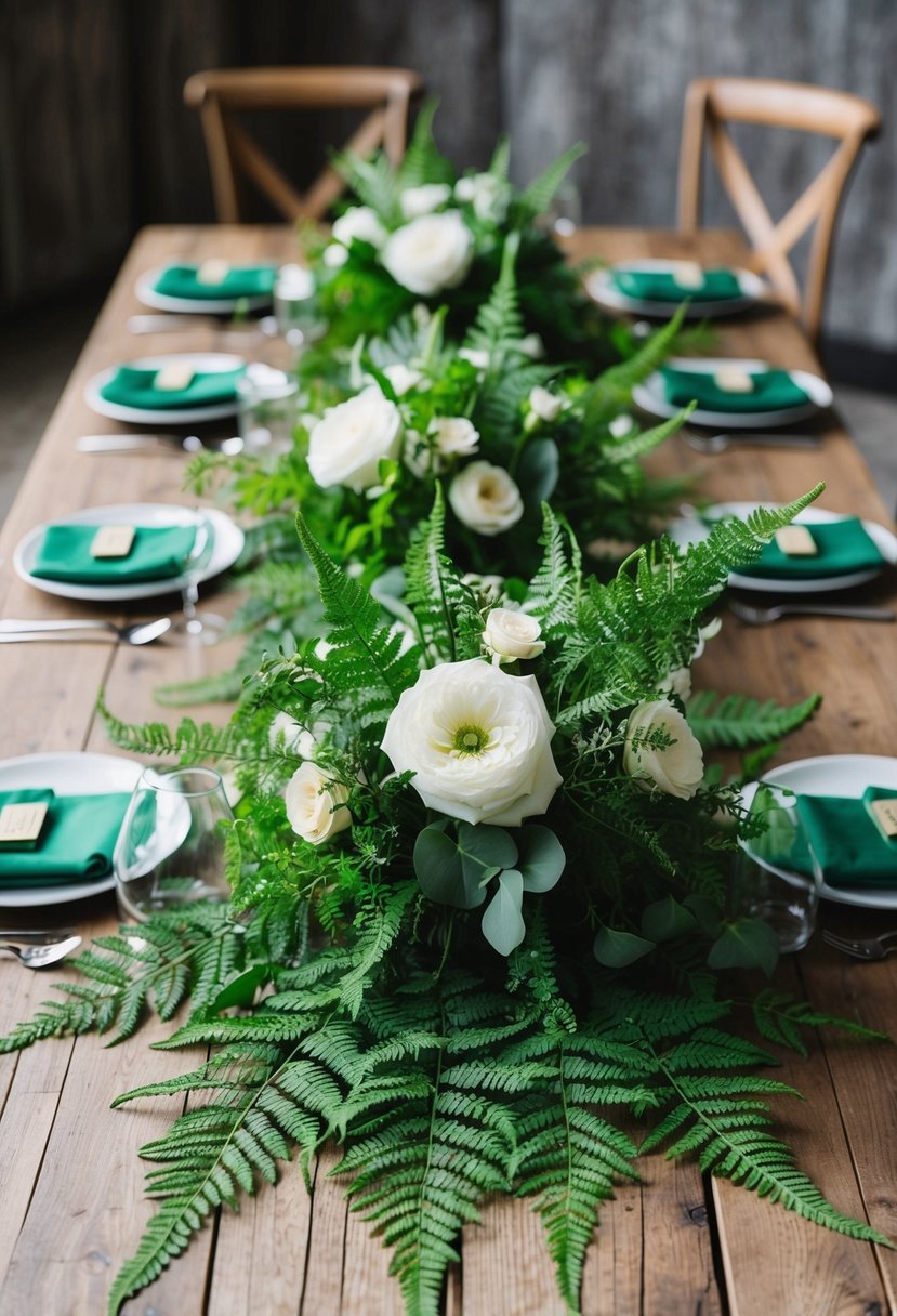 A rustic wooden table adorned with lush emerald ferns and delicate greenery, showcasing an elegant emerald green wedding bouquet