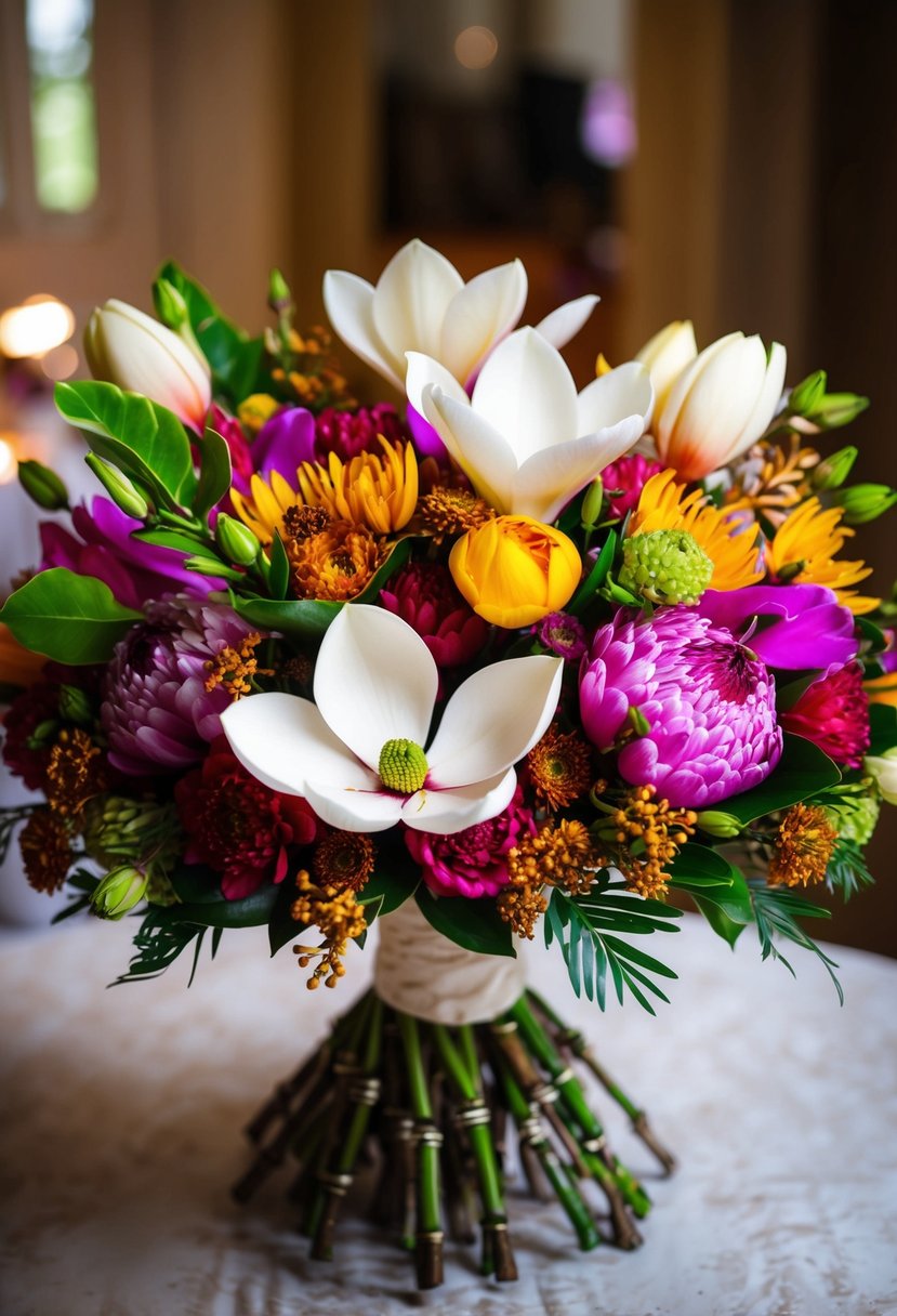 A vibrant bouquet of Indian wedding flowers, featuring radiant magnolias and other colorful blooms, arranged in an elegant and ornate style