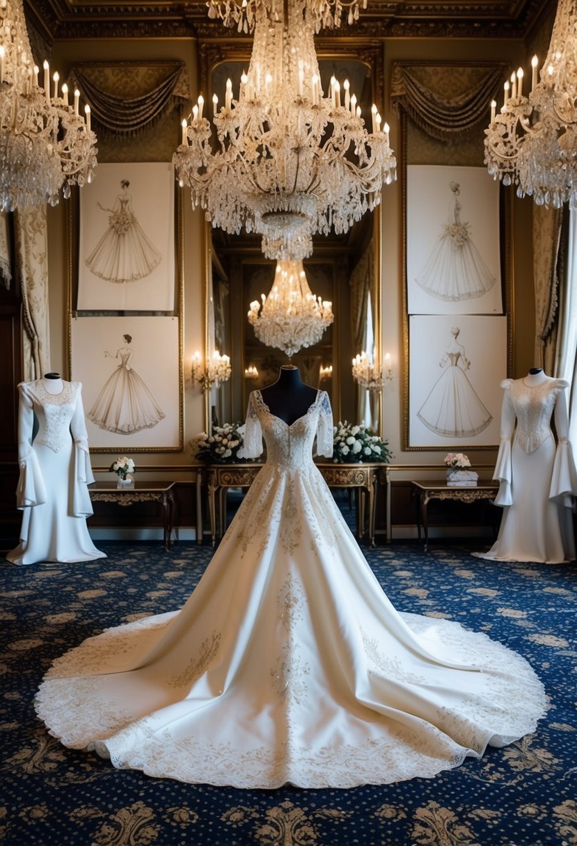 A grand ballroom filled with opulent fabrics, ornate lace, and intricate beadwork. Vintage-inspired sketches adorn the walls, showcasing elegant royal wedding dress ideas for Princess Margaret's special day