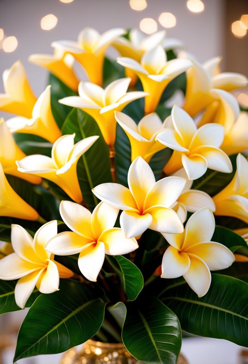 A vibrant bouquet of scented frangipani stems arranged in an Indian wedding style