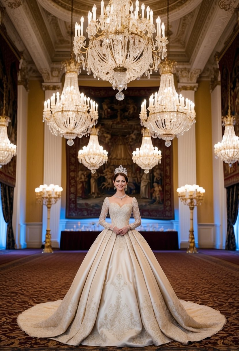 A grand ballroom with opulent chandeliers and ornate tapestries, showcasing a regal vintage Queen gown fit for a royal wedding