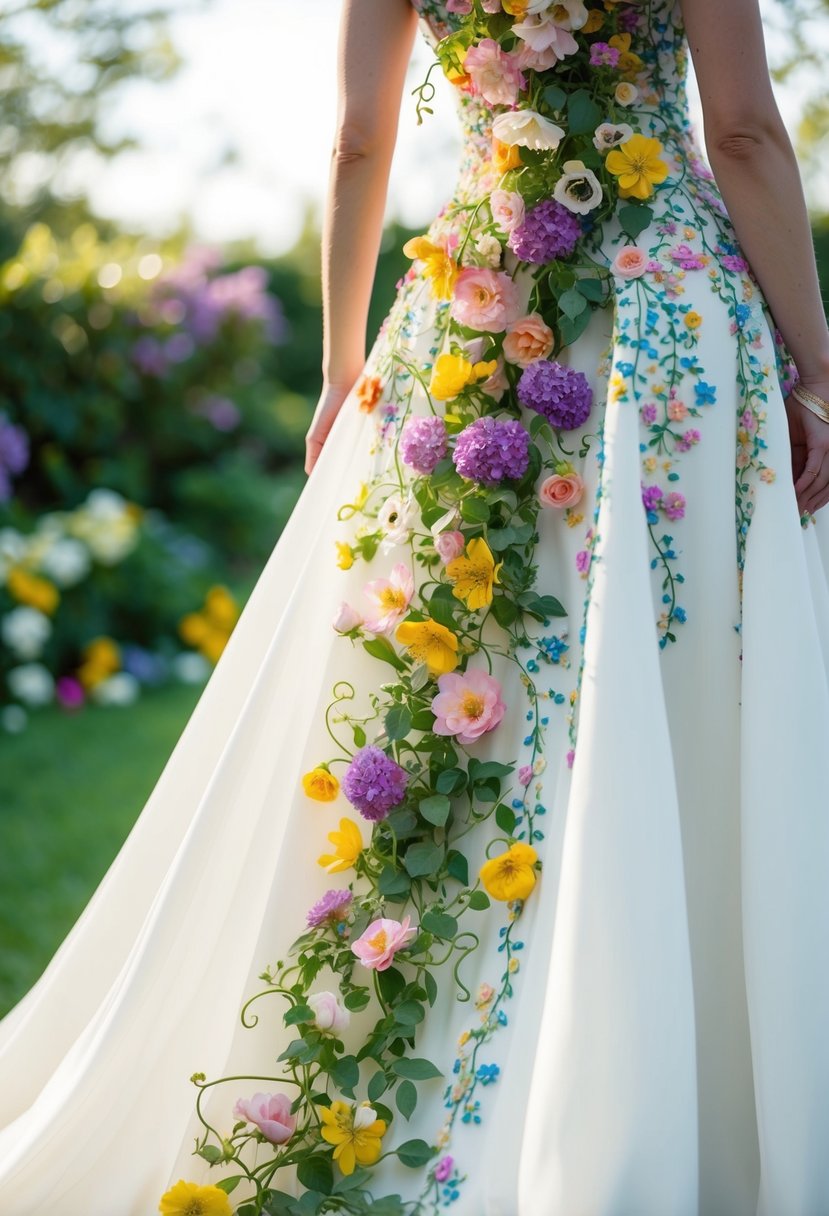 A garden of colorful flowers cascading down a flowing white gown. Delicate vines and petals intertwine in intricate embroidery