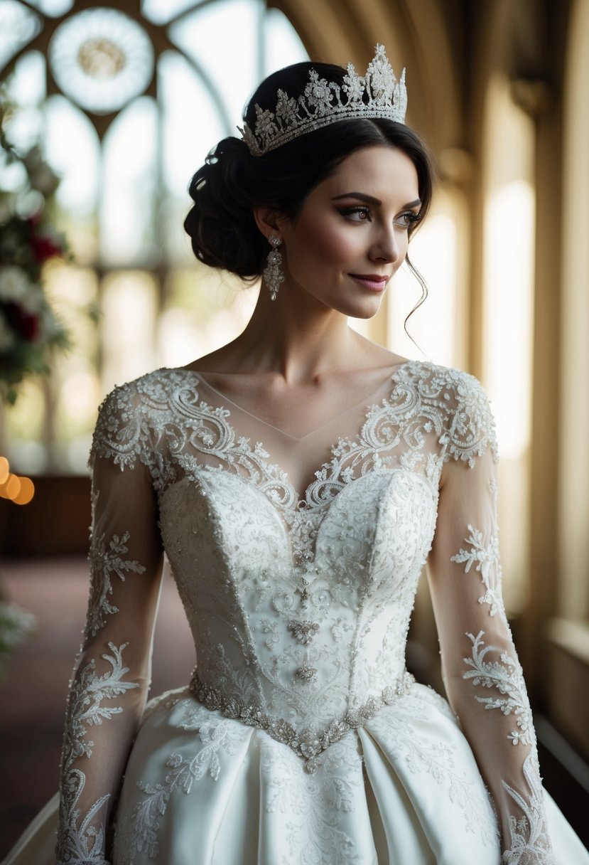 A regal cap sleeve dress adorned with intricate lace and delicate beading, fit for a princess on her wedding day