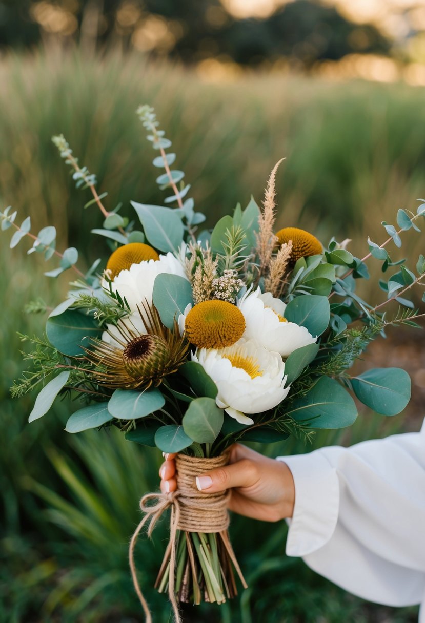 A rustic wedding bouquet of native Australian flowers and greenery, tied with twine and eucalyptus leaves