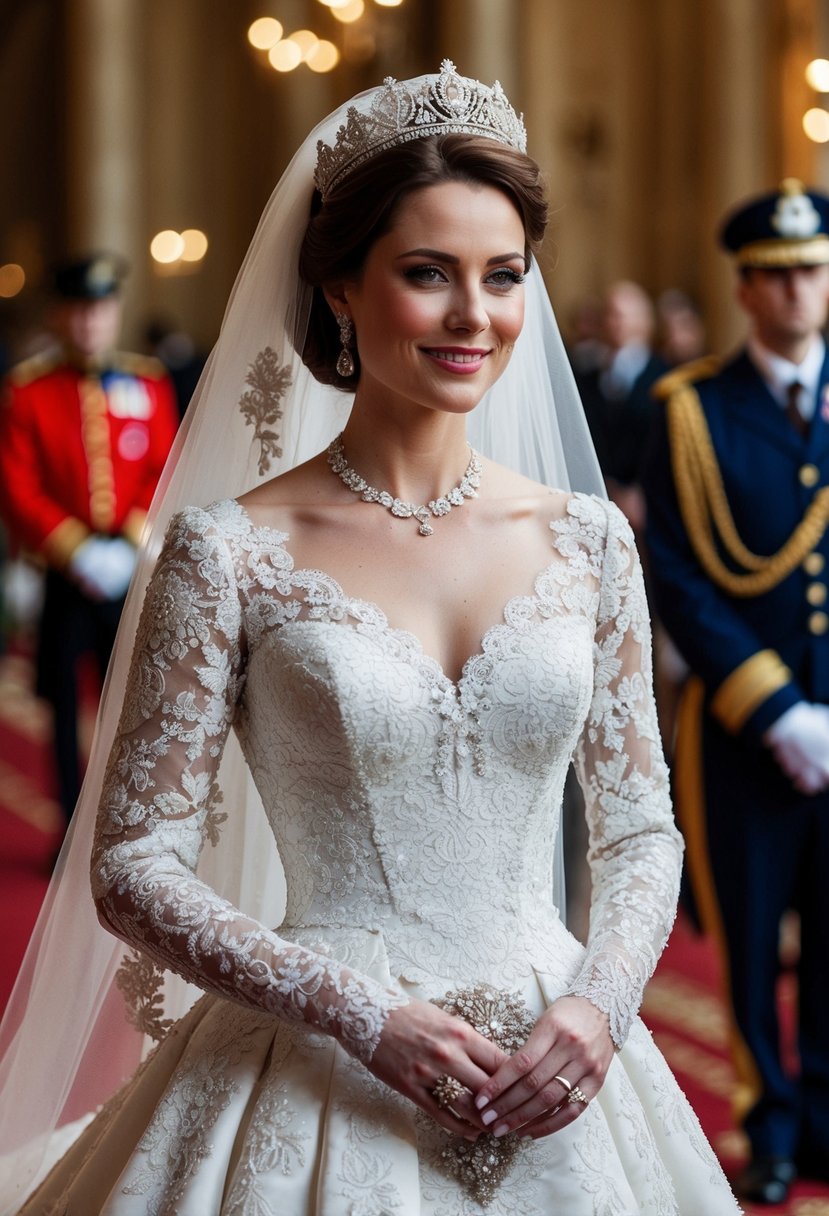 Princess Claire's royal wedding dress ideas feature intricate lace detailing and opulent embellishments