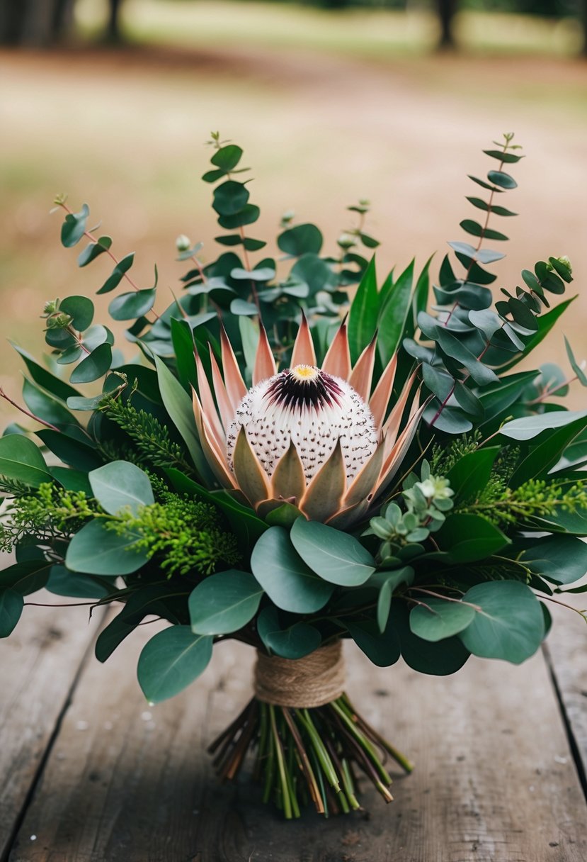 A lush bouquet of King Protea and Eucalyptus arranged in a rustic, Australian wedding theme