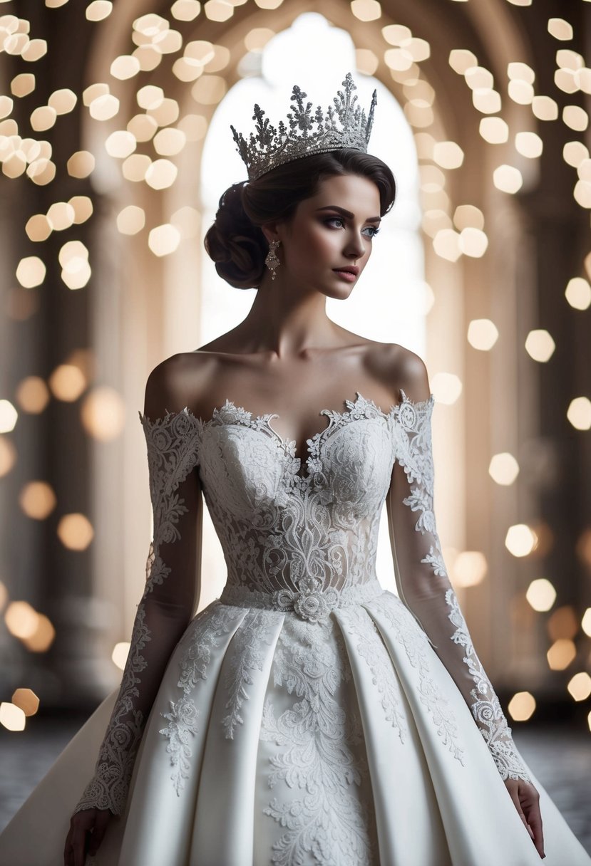 A regal off-shoulder wedding dress design with intricate lace and elegant draping, fit for a royal princess