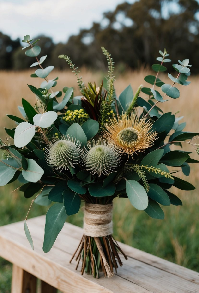 A rustic boho bouquet featuring native Australian flowers, such as eucalyptus, banksia, and kangaroo paw, arranged in a loose, organic style