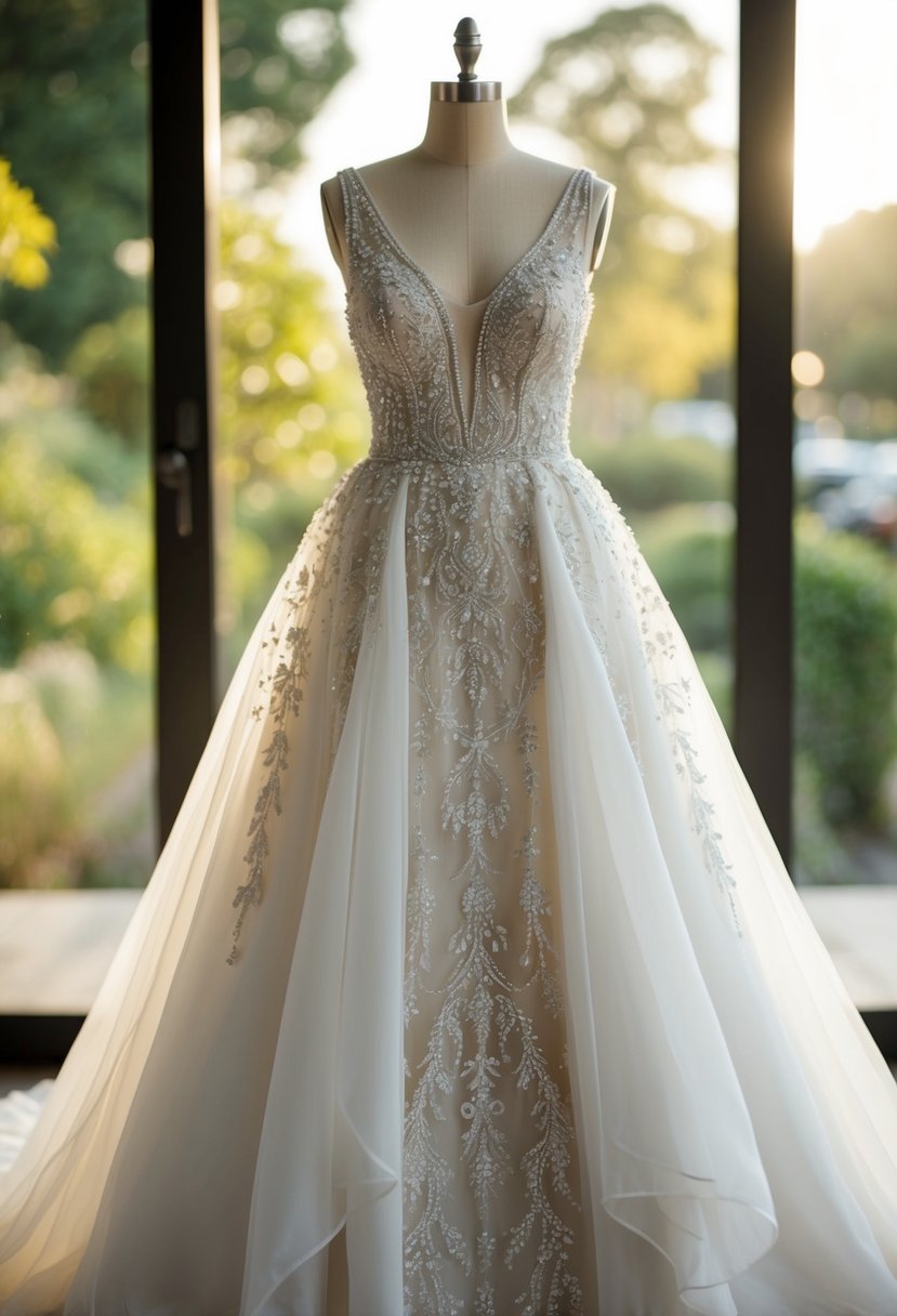 A beaded wedding dress with intricate floral patterns cascading down the bodice and flowing into a full, ethereal skirt