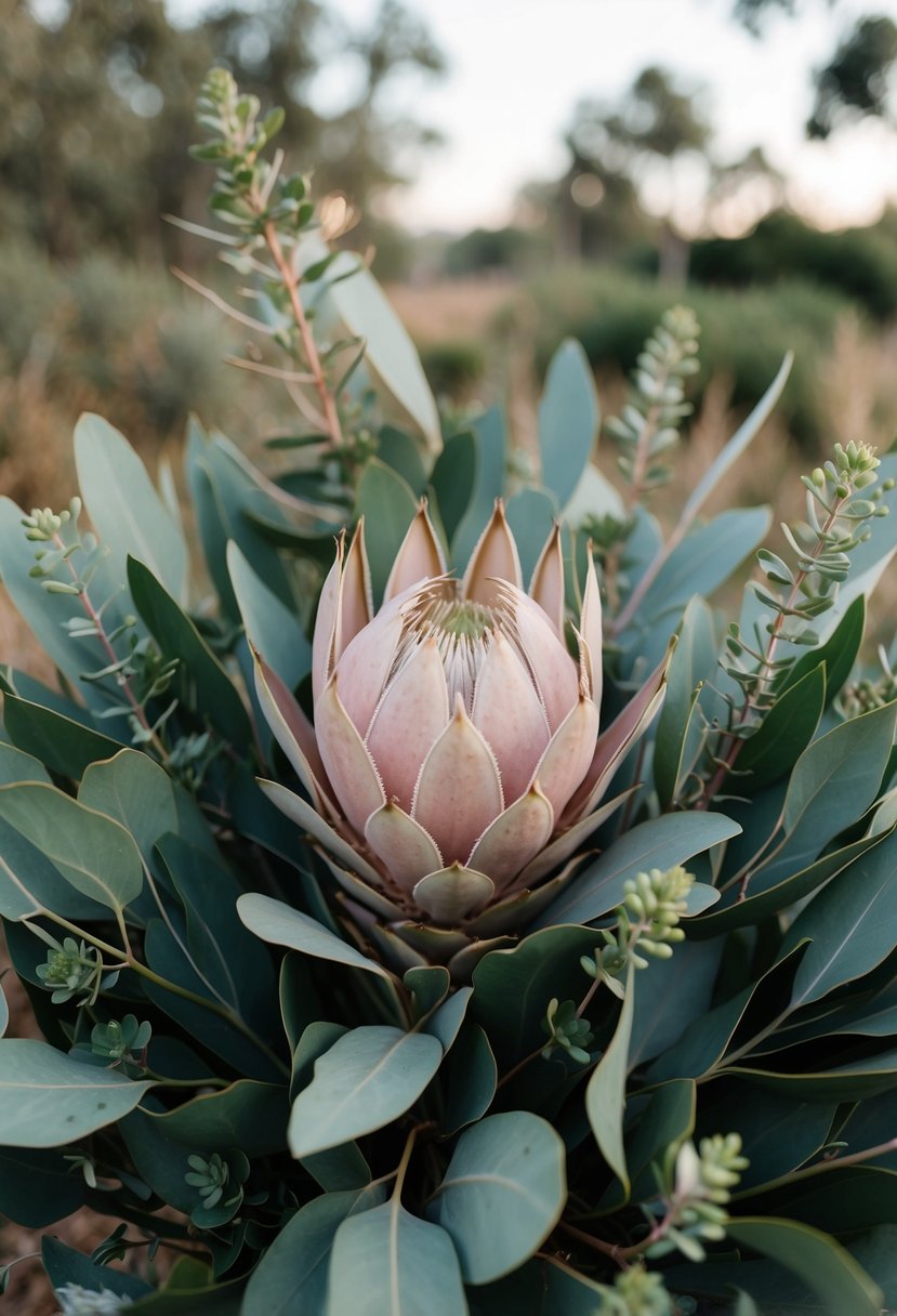 A lush bouquet of dusty pink King Protea surrounded by eucalyptus leaves and native Australian flora