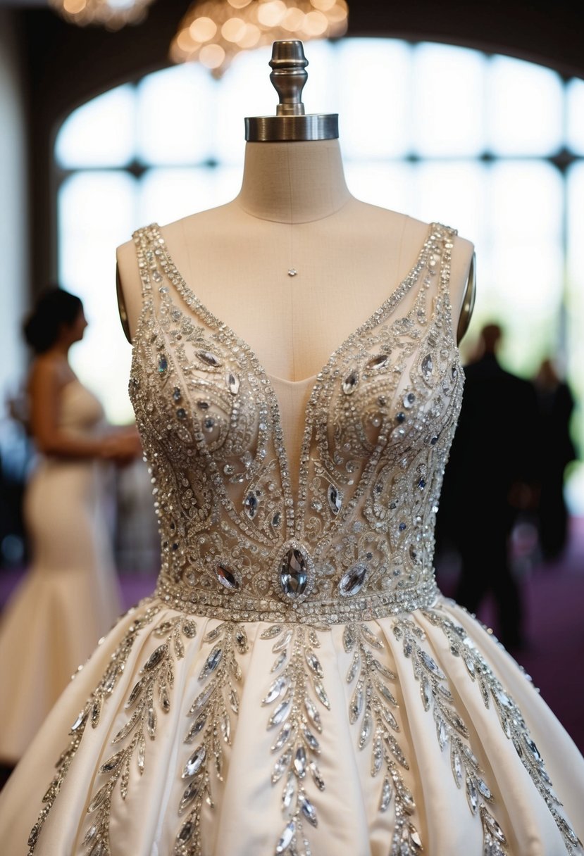 A shimmering wedding dress adorned with intricate crystal patterns cascading down the bodice and skirt