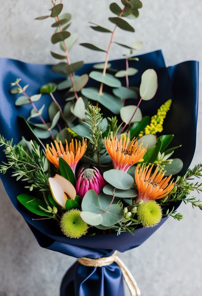 A vibrant bouquet of Australian native flowers, including eucalyptus and kangaroo paw, arranged in a faux silk wrap