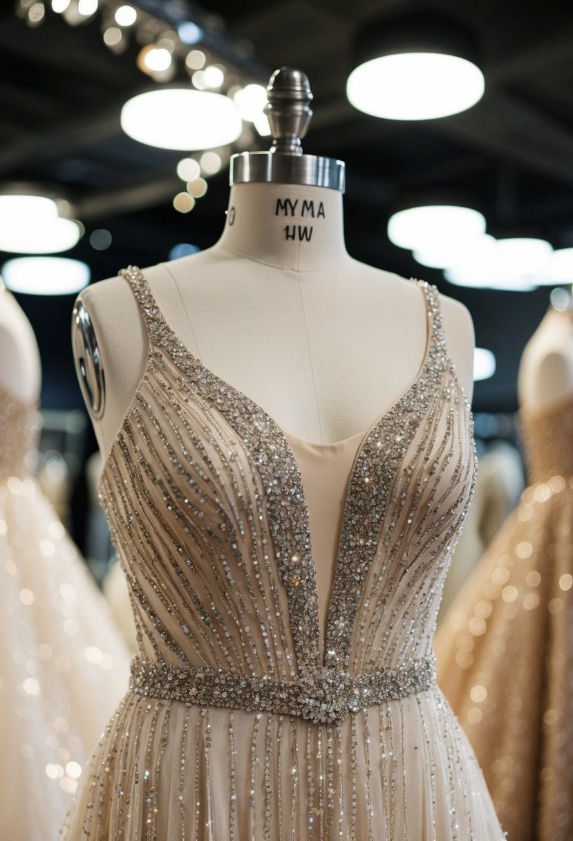 A shimmering gown adorned with delicate tonal beading cascades down a mannequin, catching the light and creating a dazzling display of intricate detail