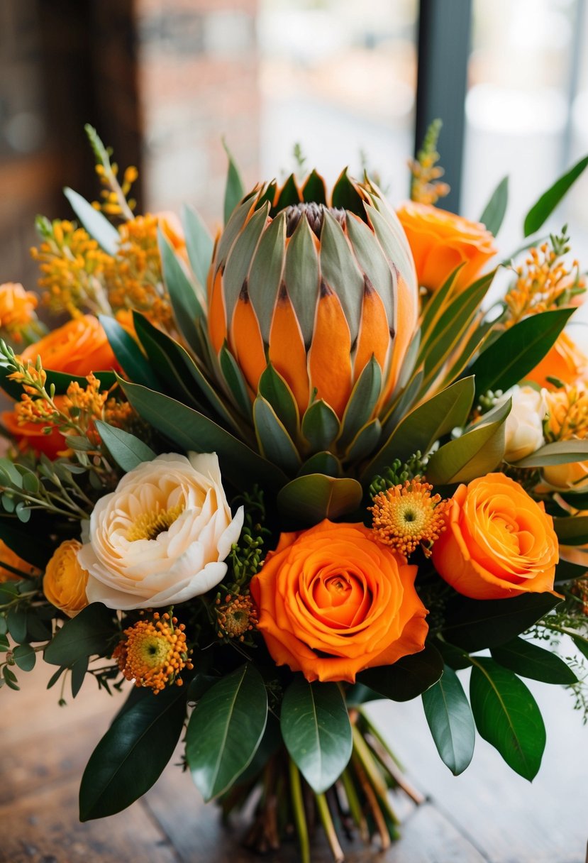 A vibrant bouquet of Orange King Protea and Real Touch Roses, inspired by Australian flora, arranged in a rustic, natural style