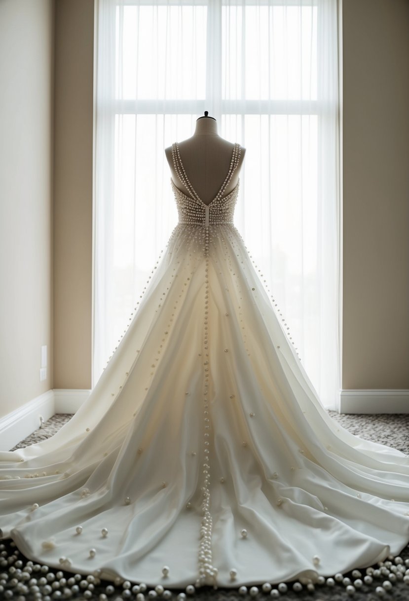 A flowing wedding dress adorned with scattered pearls, catching the light as it moves