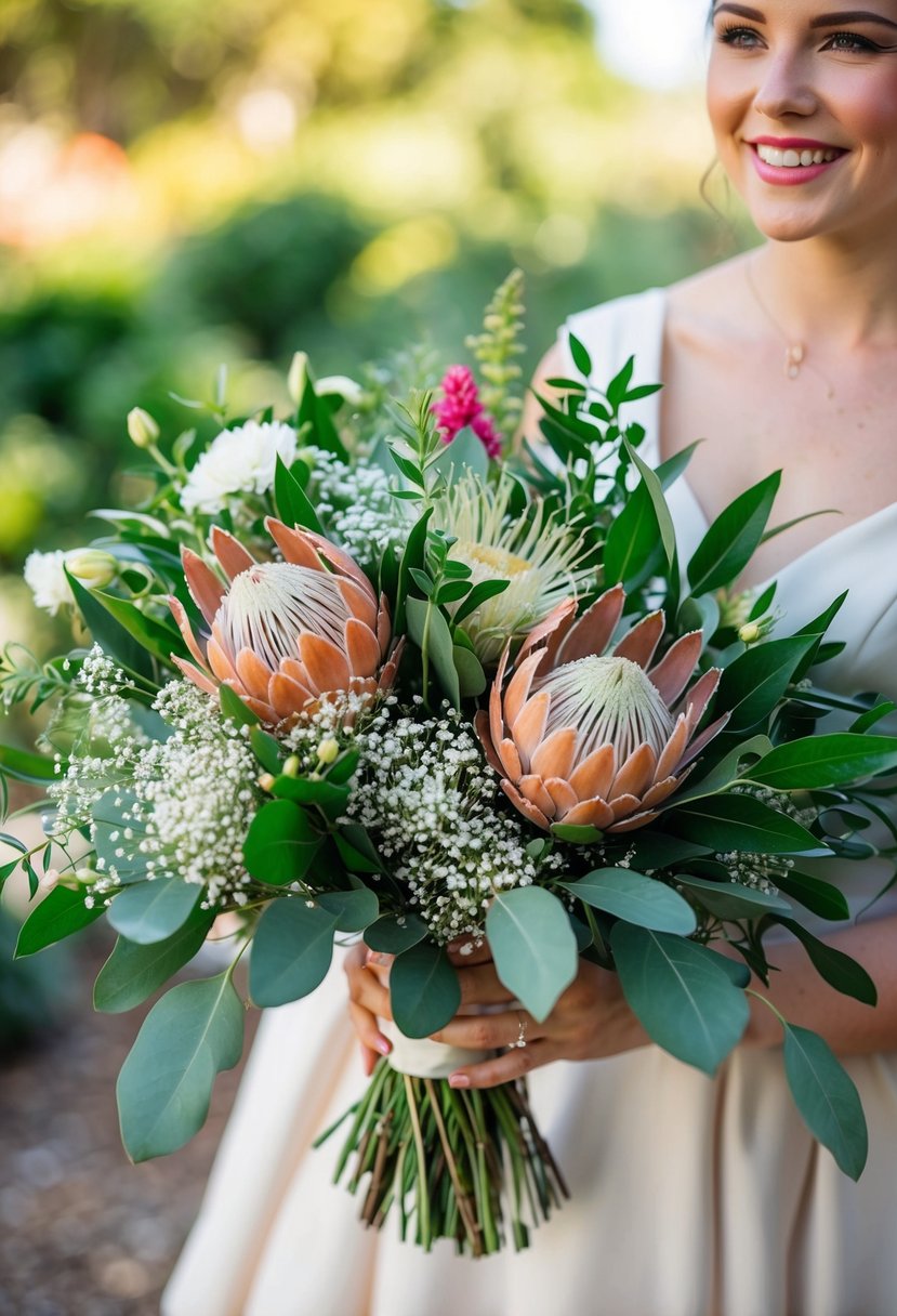 A vibrant mix of delicate baby's breath and bold protea blooms in an Australian wedding bouquet