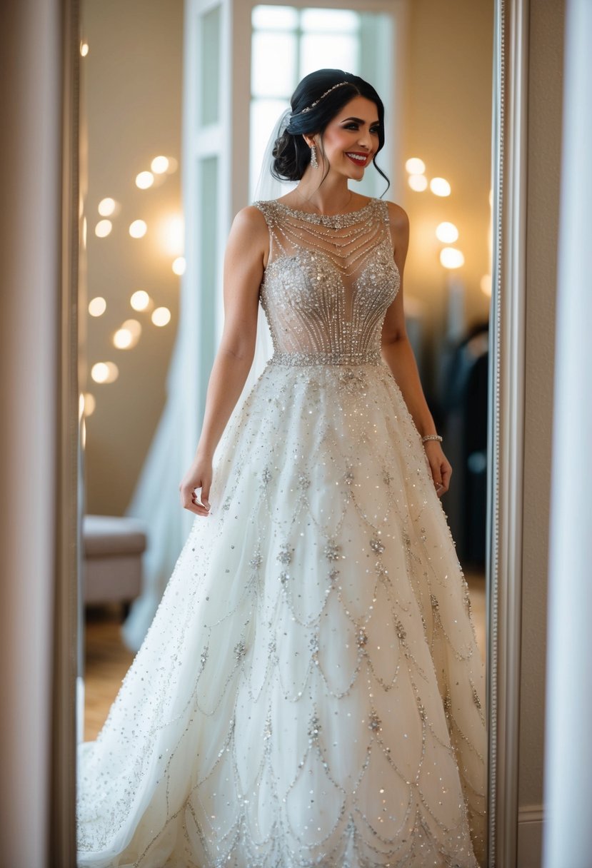 A bride stands in a shimmering gown adorned with Swarovski Crystals, the intricate beading catching the light as she twirls in front of a mirror