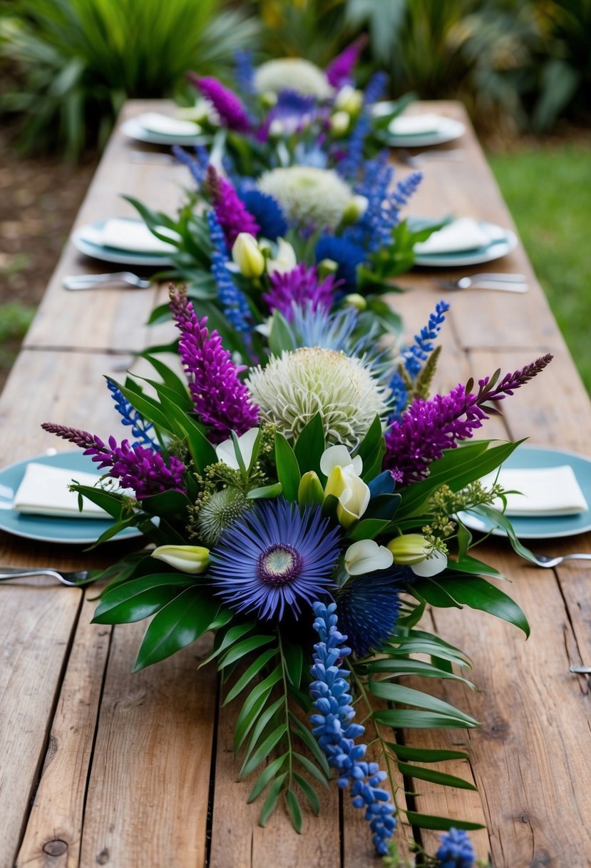 A rustic wooden table adorned with native Australian flowers in vibrant hues of purple, blue, and white, arranged in a lush and organic bouquet design