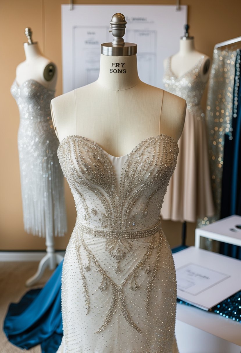 A sparkling rhinestone-embellished wedding dress on a mannequin, surrounded by beaded fabric swatches and design sketches