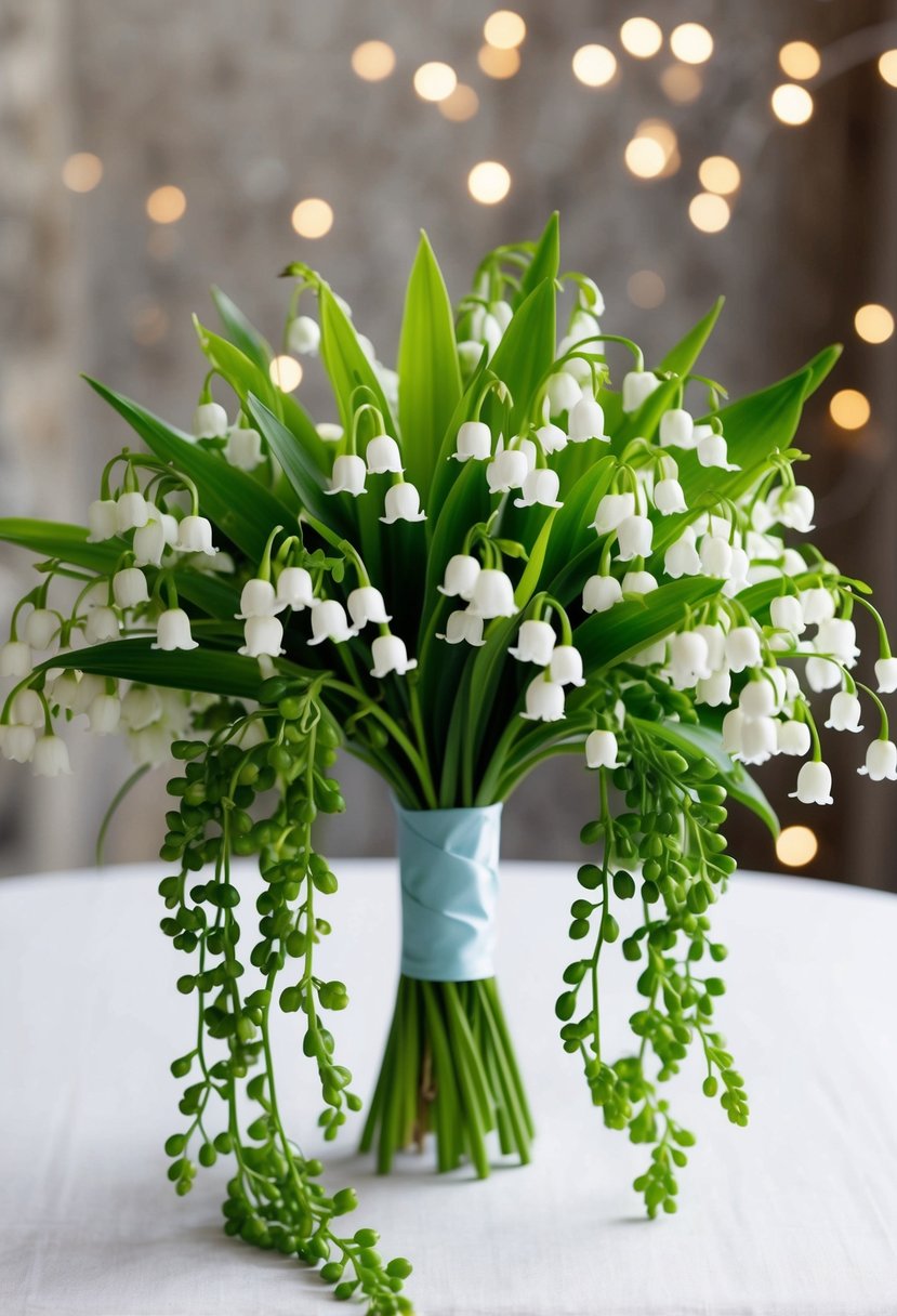 A delicate lily of the valley bouquet with cascading greenery and ribbon accents