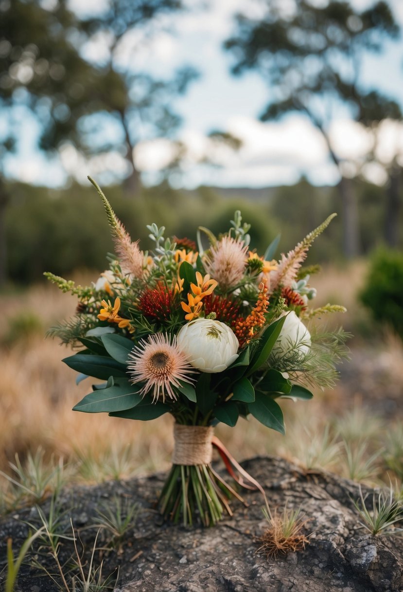 A rustic posy bouquet of native Australian blooms in a natural setting