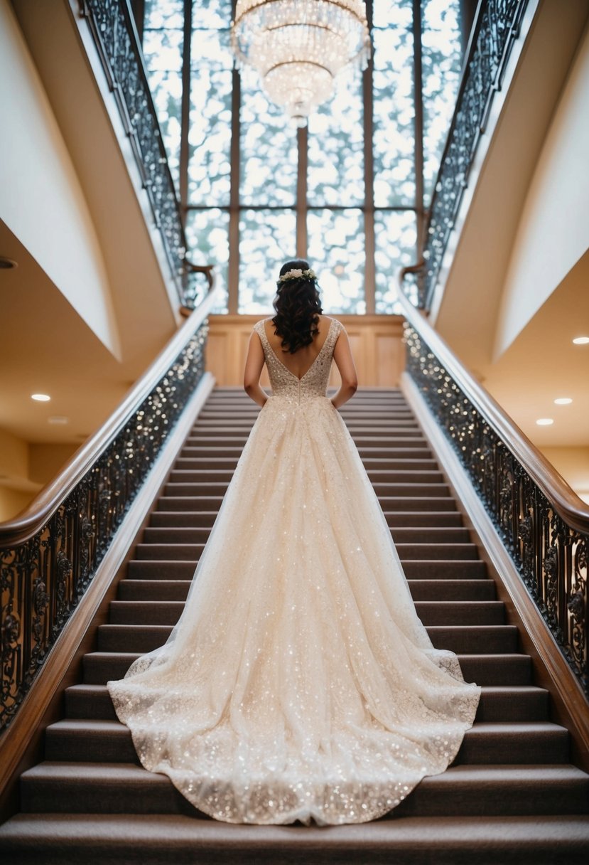 A sparkling, sequined wedding dress cascading down a grand staircase