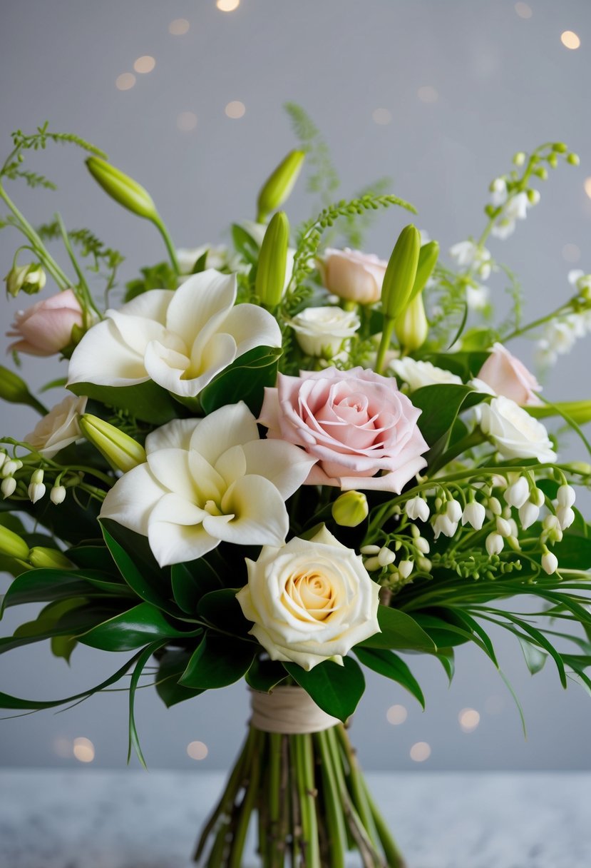 A delicate bouquet of gardenias, roses, and lilies of the valley intertwined with greenery, arranged in a graceful and flowing composition