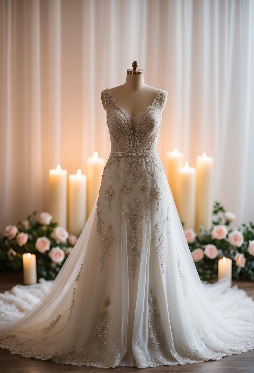 A flowing wedding dress adorned with intricate beading and delicate lace, set against a backdrop of soft candlelight and blooming roses