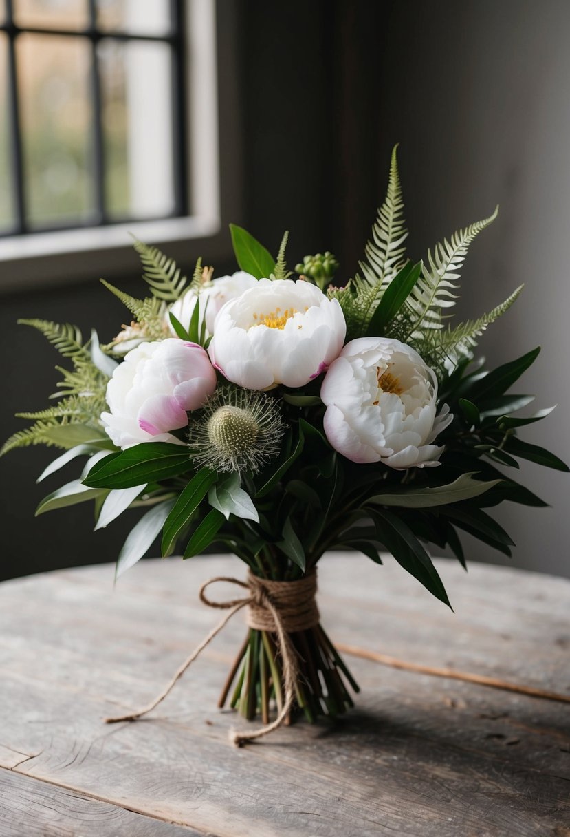 A simple peony bouquet with native Australian foliage, tied with twine, sitting on a rustic wooden table