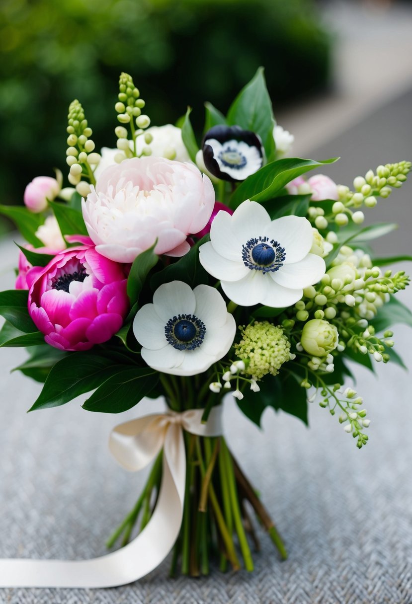 A lush bouquet of peonies, anemones, and lily of the valley, tied with a satin ribbon