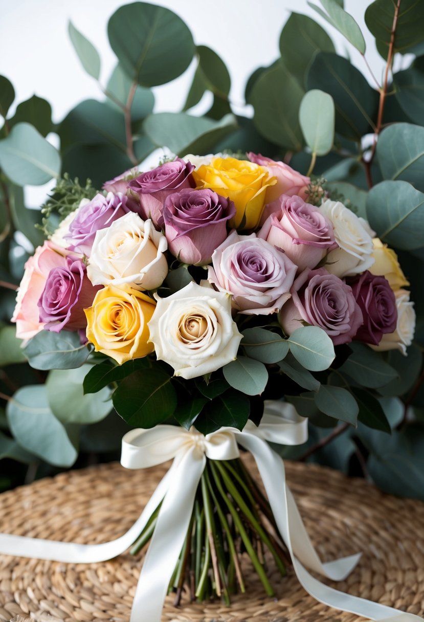 A lush bouquet of classic roses in various shades, tied with a ribbon, set against a backdrop of eucalyptus leaves and native Australian flora