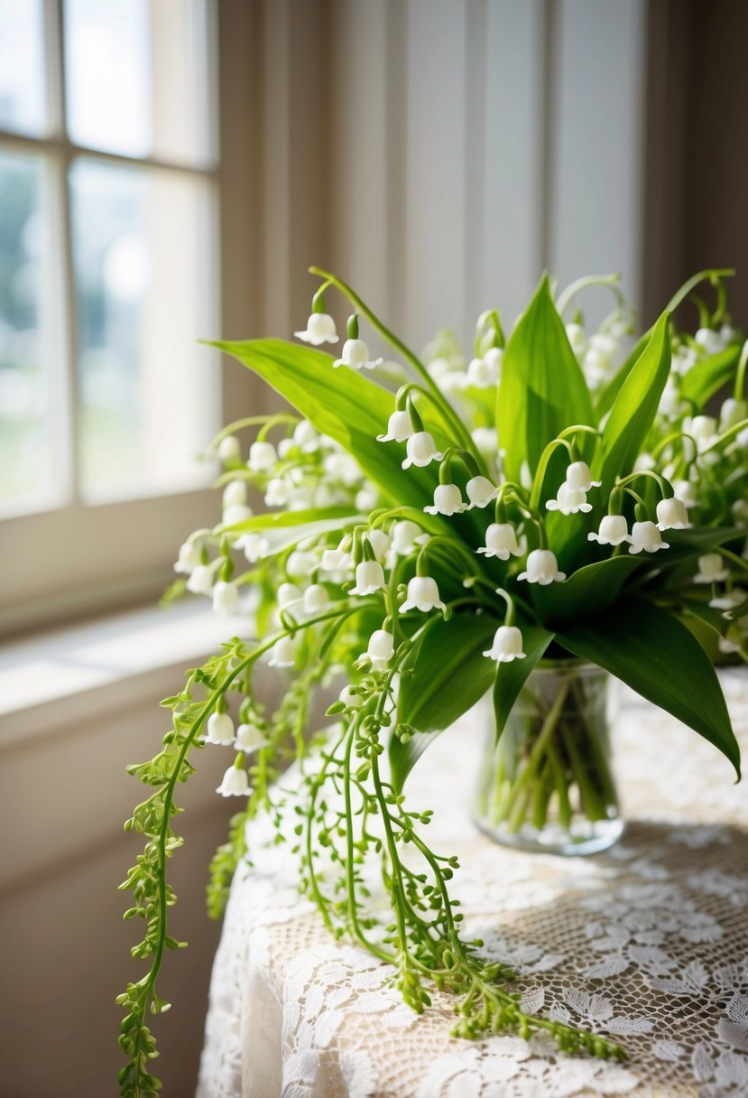 A delicate lily of the valley bouquet, accented with trailing greenery, rests on a vintage lace tablecloth. Sunlight filters through a nearby window, casting a soft, ethereal glow on the delicate blooms