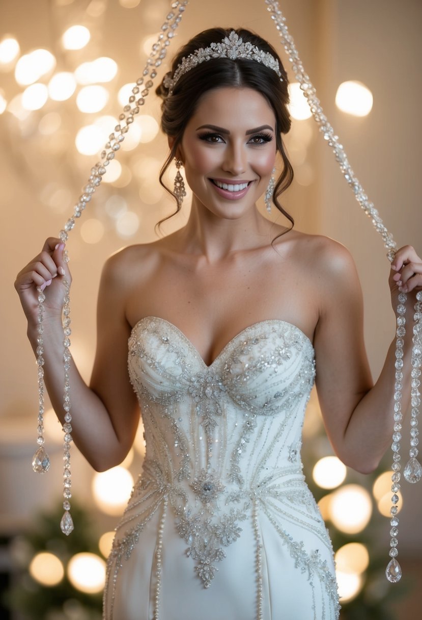 A bride in a sweetheart neckline beaded wedding dress, surrounded by shimmering beads and intricate designs, standing in a soft, romantic light