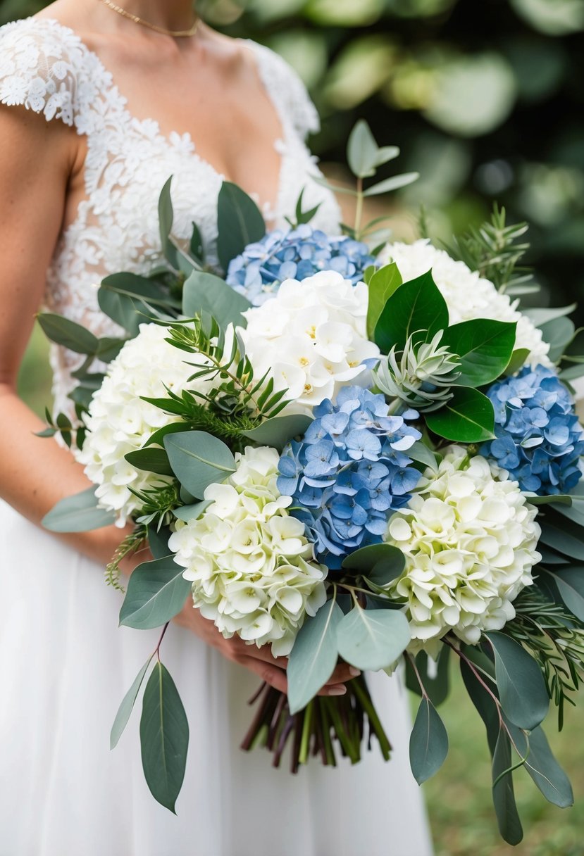 A lush bridal bouquet featuring white and blue hydrangeas, eucalyptus, and native Australian foliage