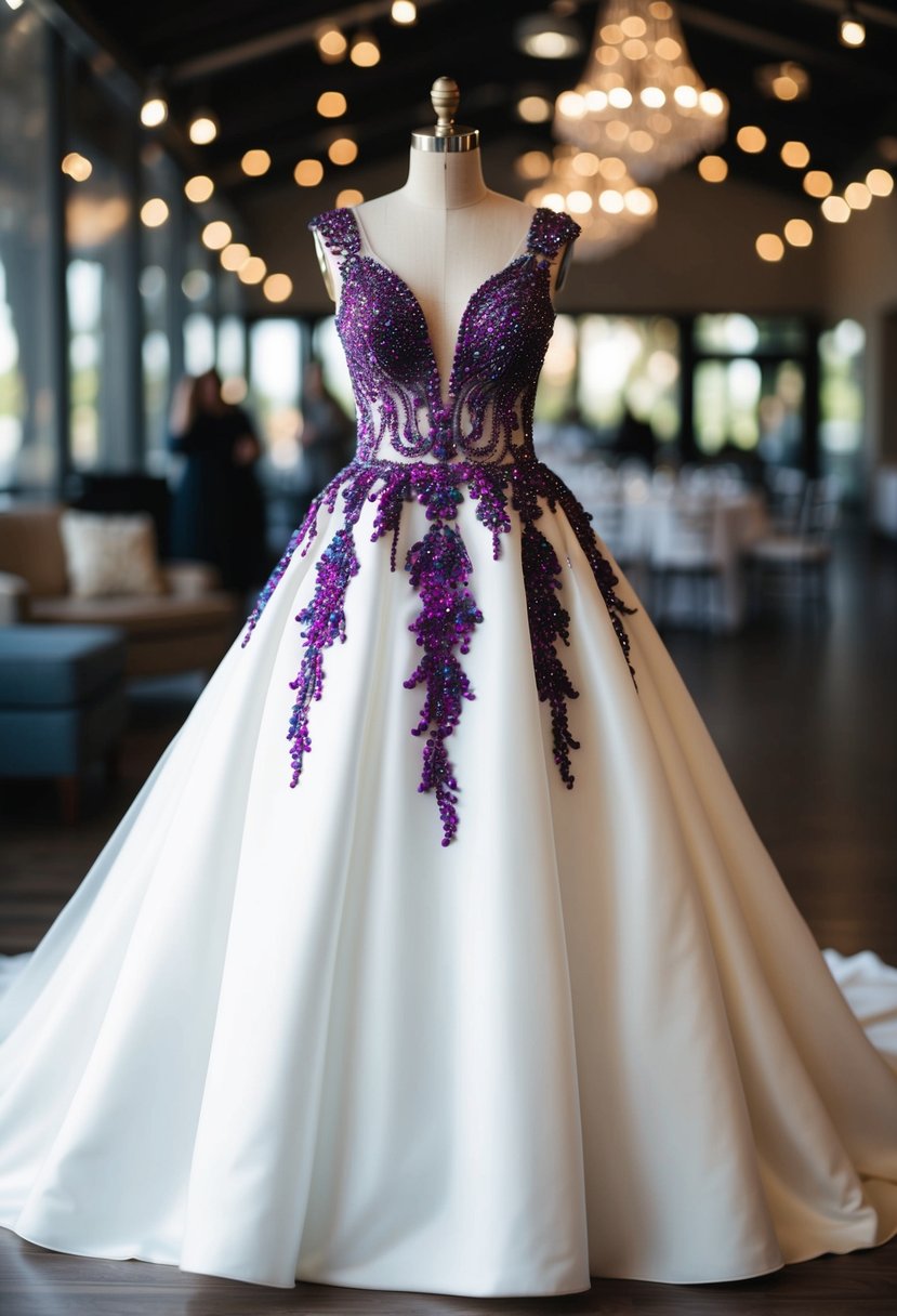 A stunning wedding dress adorned with vibrant beaded lace cascading down the bodice and flowing into a full skirt