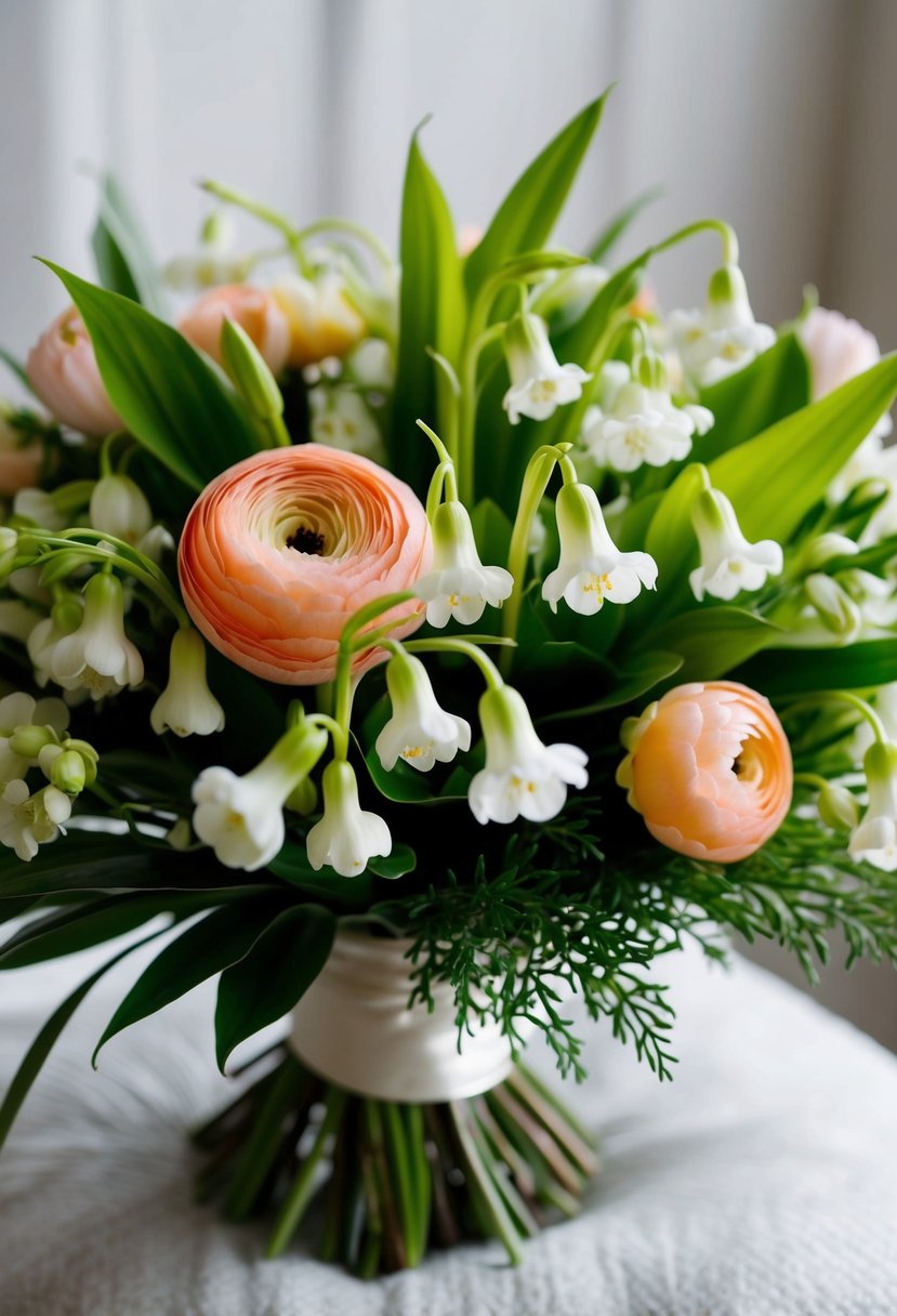 A lush bouquet of ranunculus and lily of the valley, nestled together in a romantic and elegant arrangement