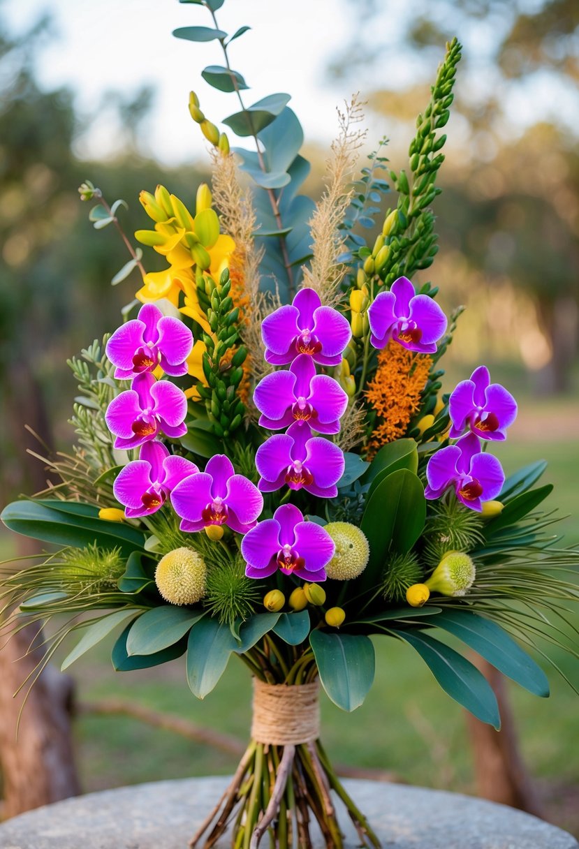 A vibrant bouquet of native Australian orchids and other native flowers arranged in a wild and natural style, with eucalyptus leaves and other greenery