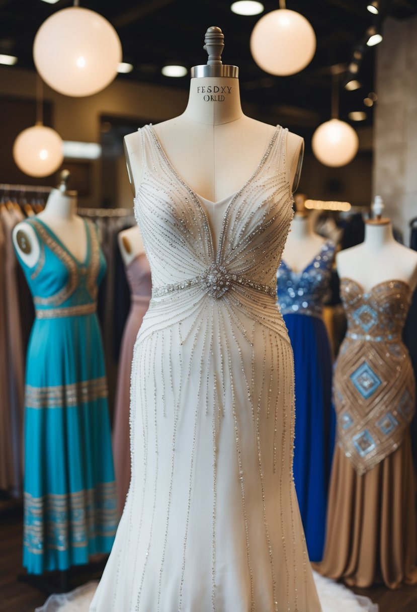 A beaded wedding dress displayed on a mannequin, surrounded by handmade designs from Etsy