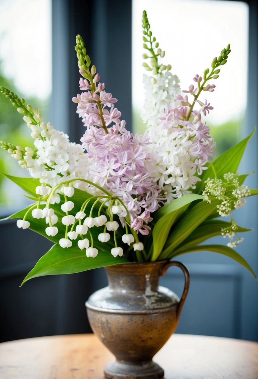 A delicate bouquet of white lilac and astilbe, interspersed with lily of the valley, arranged in a rustic, vintage-inspired vase