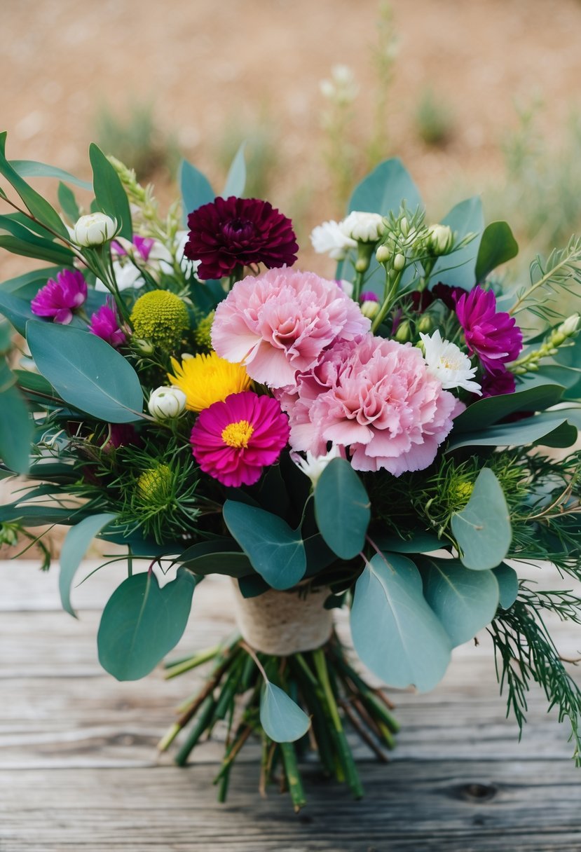 A vibrant bouquet featuring a mix of carnations and cosmos, with eucalyptus leaves and native Australian foliage, arranged in a rustic, wildflower style